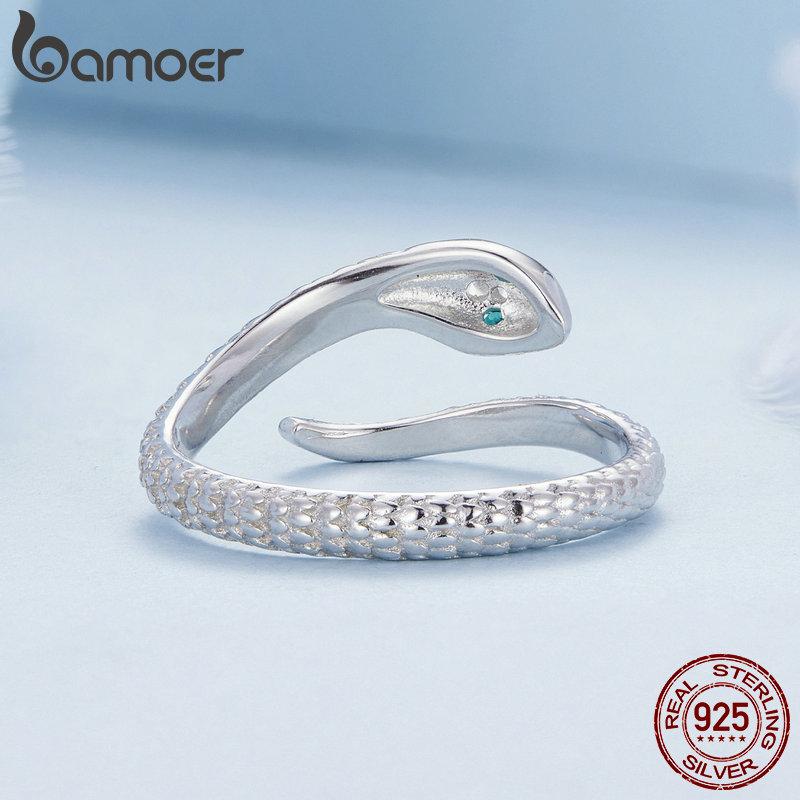BAMOER 925 Sterling Silver Spinel Serpe Inel reglabil Snake Solzi Inel de deschidere Placat cu platina Bijuterii fine pentru femei