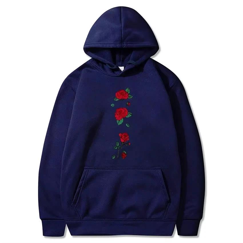 Fashion Trend Leisure5 Rose Flower Print Men's Pullover Autumn and Winter Loose Streetwear Outdoor Sports Sweatshirt