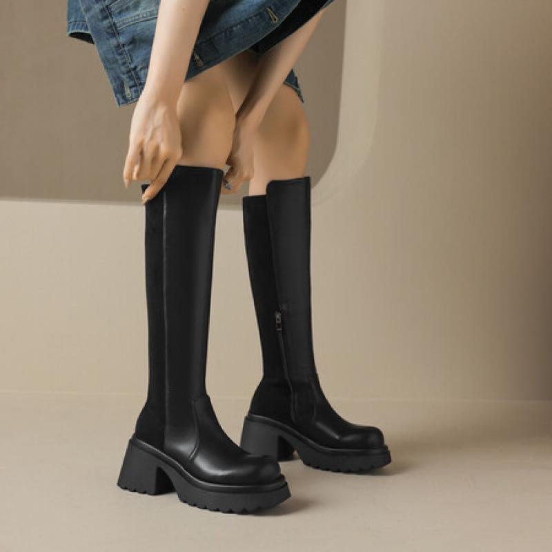 Korean version of the new leather high boots solid color high heel large size women's boots round head thick bottom side zipper non-slip Martin boots