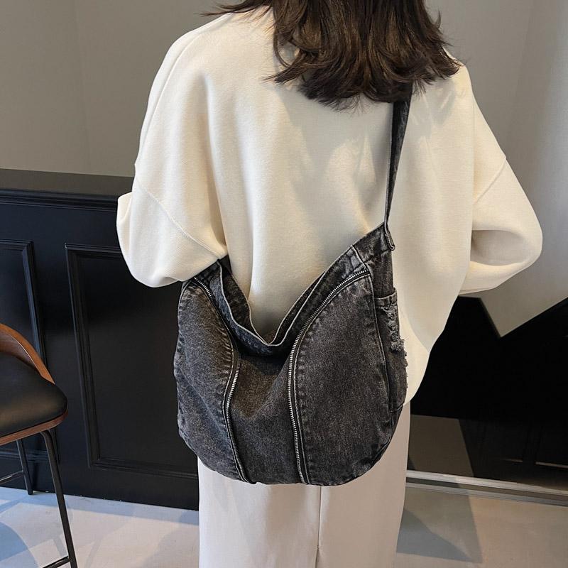 Denim Messenger Bag med Stor Kapacitet Dam Vintage Axelväska Crossbody-väska