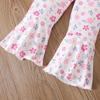 Kids Girls 2 Piece Outfit Spring Fall Long Sleeve Cartoon Cat Pullover Top Floral Flared Trousers Fashion Casual Children Clothing Set