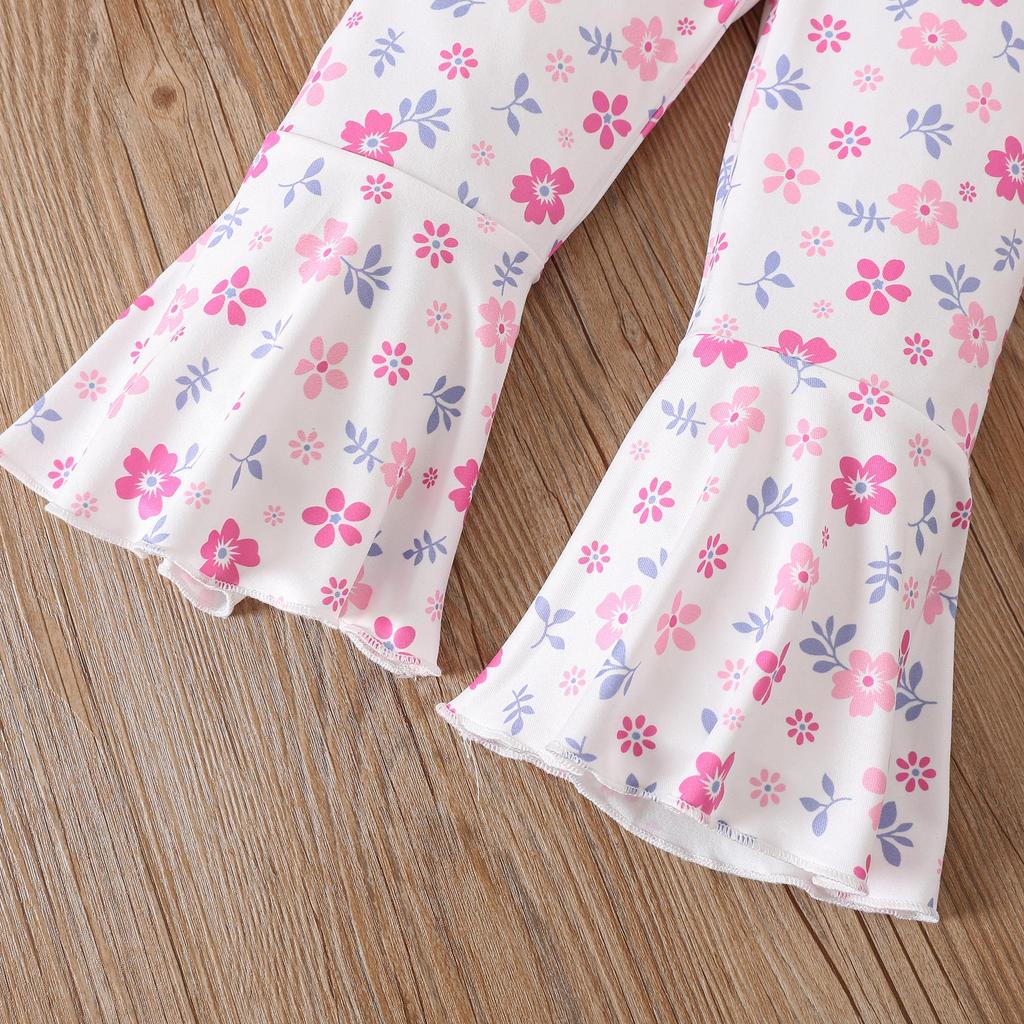 Kids Girls 2 Piece Outfit Spring Fall Long Sleeve Cartoon Cat Pullover Top Floral Flared Trousers Fashion Casual Children Clothing Set