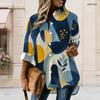 Women Plus Size Geometric Printed Collared Long Sleeve Button Front High Low Curved Hem Shirt