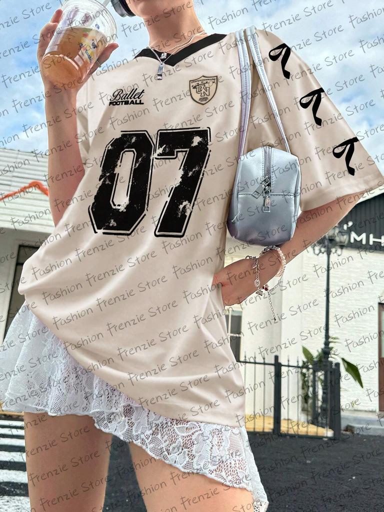 Fashion Bow Print V-neck Top, Retro European and American Trendy Women's Clothing, Loose Casual Street Style Short Sleeve