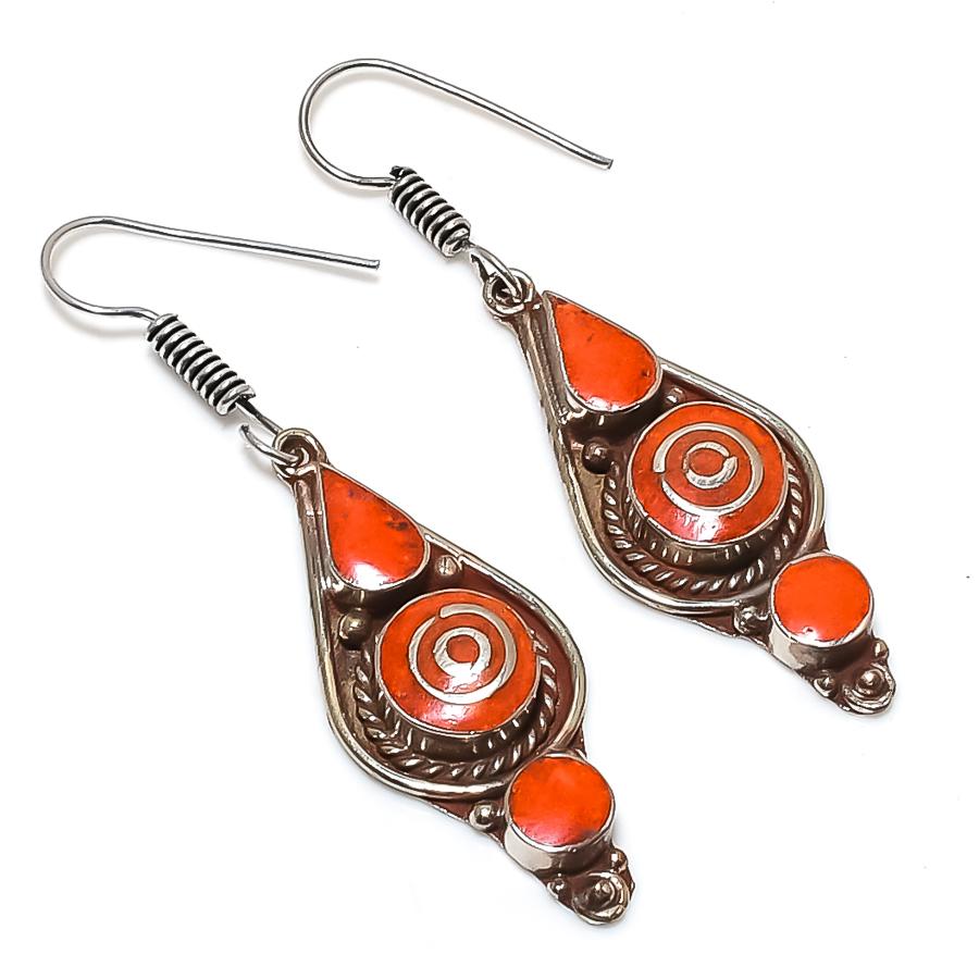 Red Coral Gemstone Earrings Tibetan Handmade Antique Nepali Jewelry 2.4" NE 5294