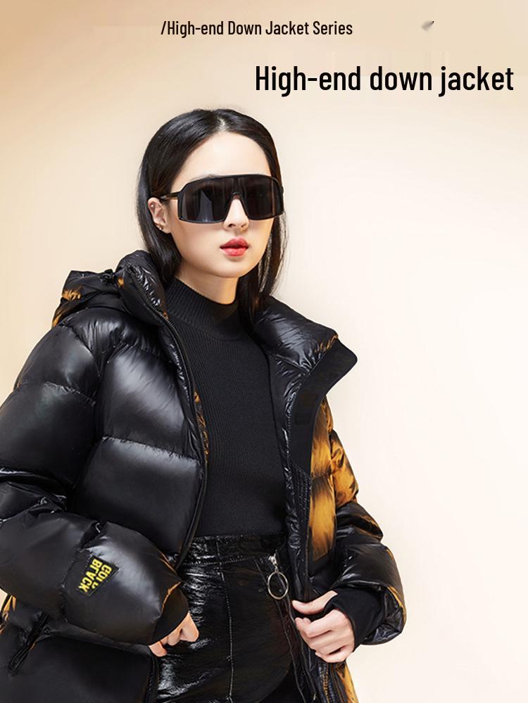 Unisex Schwarz Gold Kapuzen Daunenjacke - Trendig, Verdickt, Übergröße, Kurz für Herbst/Winter