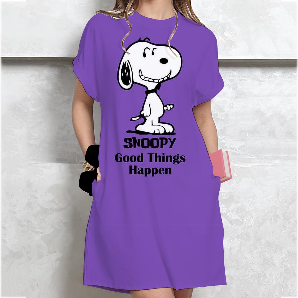 

Жіноча сукня з принтом Snoopy Літня вільна з принтом Круглий виріз Короткий рукав Зручна Повсякденна Великого розміру M