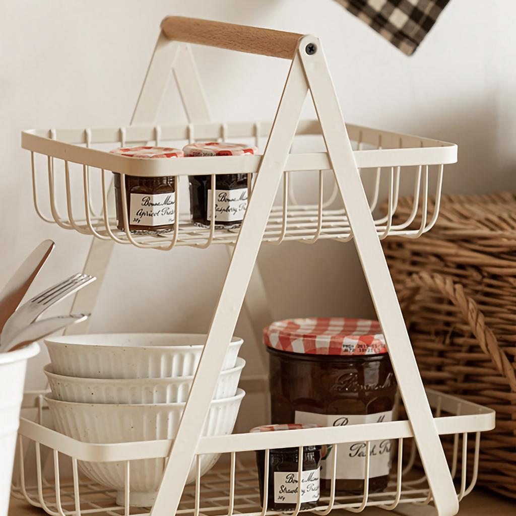 Storage Basket Iron Wood 2 Layers Detachable Fruit Vegetable Shelf Rack for Living Room Kitchen