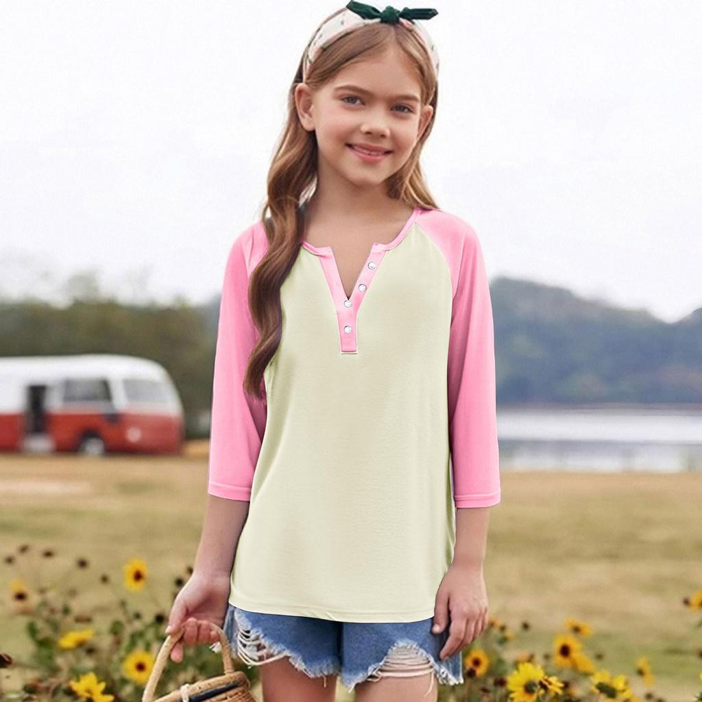 Print Tops For Youth Girls Round Neck 3/4 Sleeves T-Shirts Trendy Tops Outfit Tees