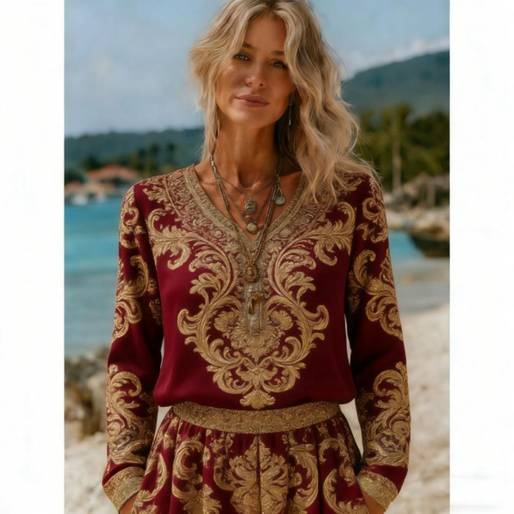 

Bohemian Style Europe America Fashion V-neck Women s T-shirt Pullover Women Long Sleeve Clothing Outdoor Casual Tees Top S