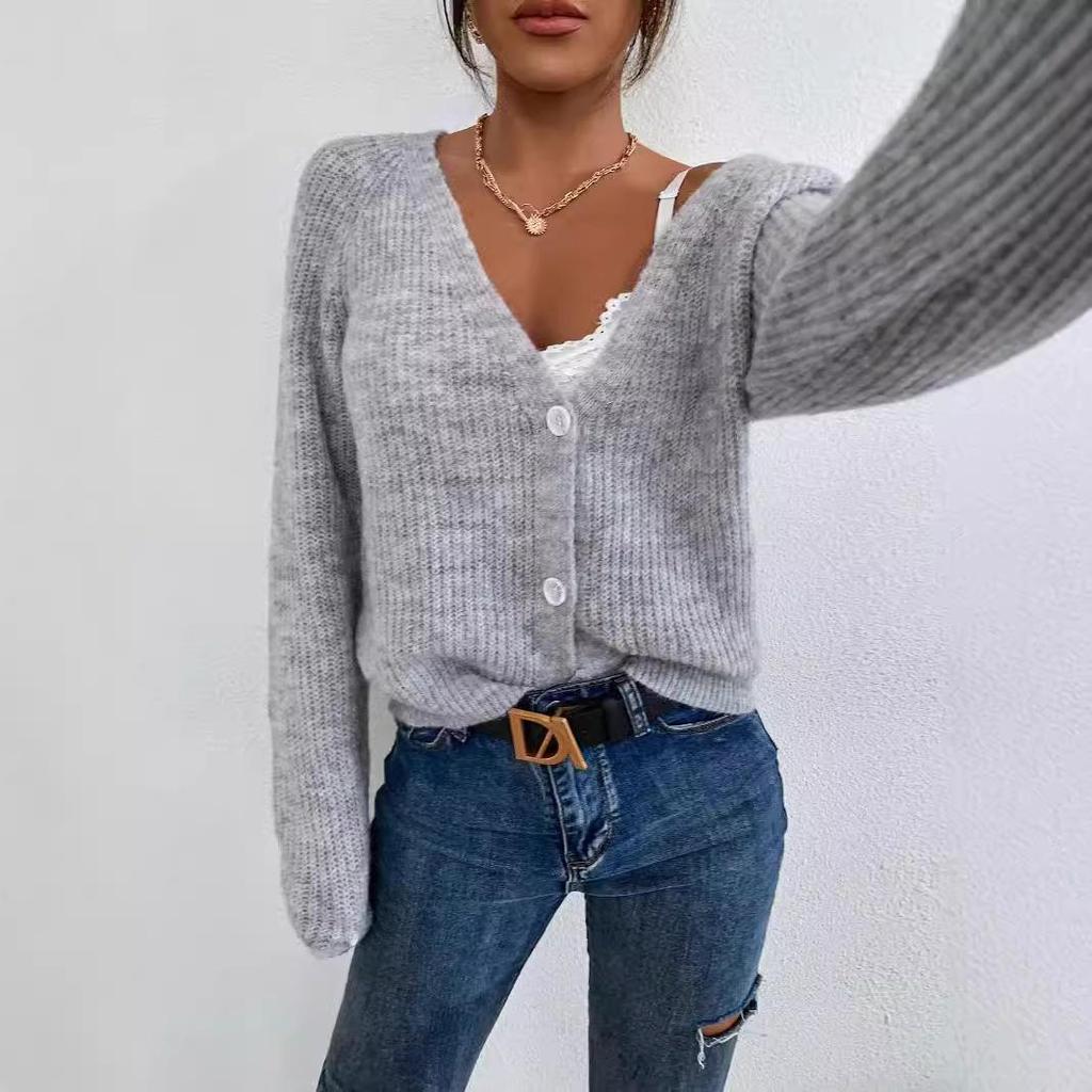 Evropský a Americký Podzimní/Zimní Dámský V-Výstřih Jednorřadý Volný Pletený Vlněný Svetr