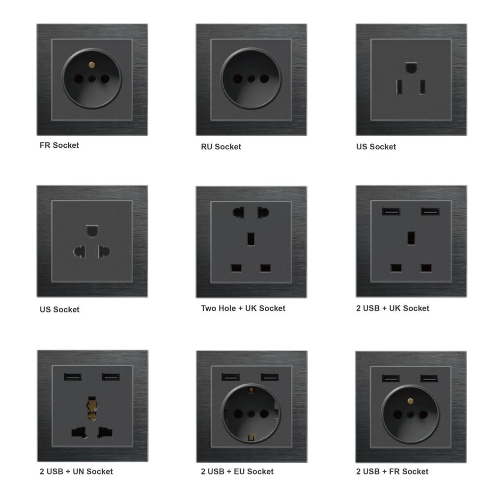 Hot Selling Luxury Metal Stainless Steel Alloy Brushed Coffee Color Wall Switch Eu FR UK Socket Reset Button Switch Electrical