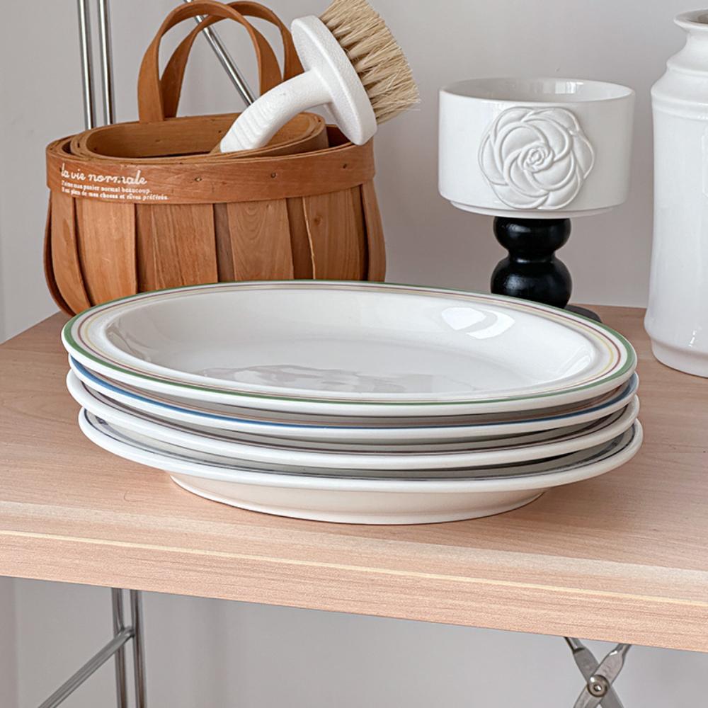 Plats Ovale en Céramique Style Coréen Porcelaine Rayée Vaisselle Légumes Salade de Fruits Pâtes Assiettes de Petit-Déjeuner Plats de Cuisine