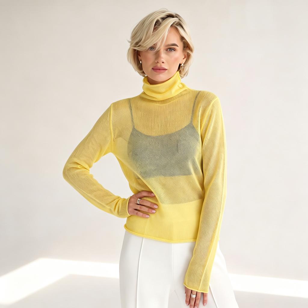 Women Sheer Turtleneck Sweater Semi Transparent Thin Lightweight Long Sleeve Solid Color Elegant Ladies Layering Knit Pullover