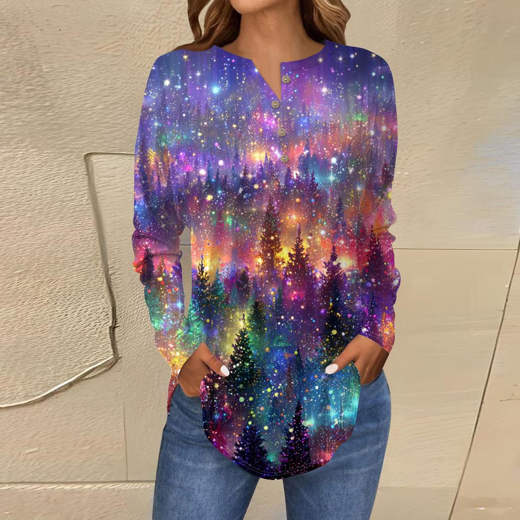 Women's Fashionable Loose-Fit Button-Down Collar Christmas Print Long-Sleeved Top