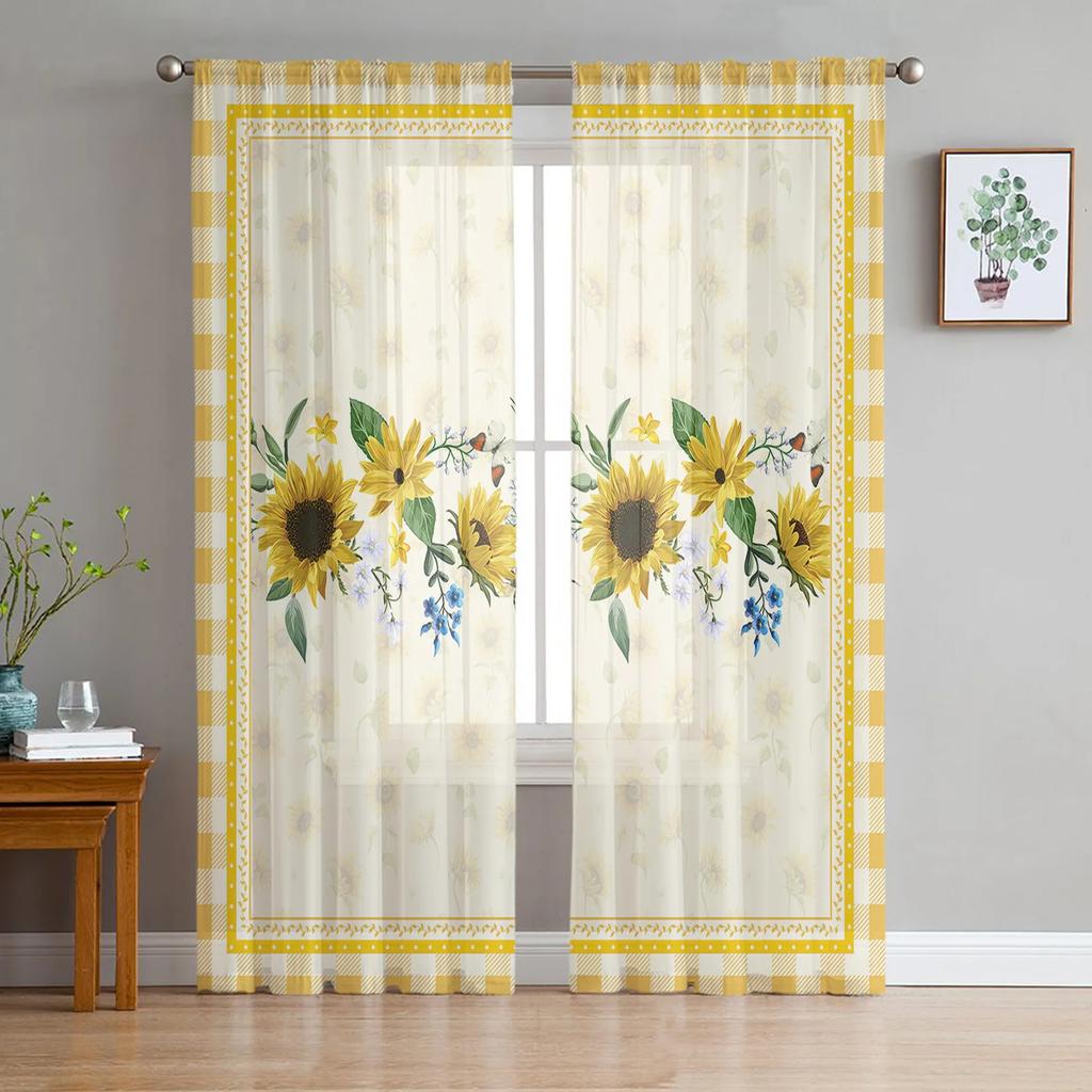 Sunflower Old Newspaper Background Sheer Curtains for Living Room Decoration Window Curtain Kitchen Tulle Voile Organza Drapes