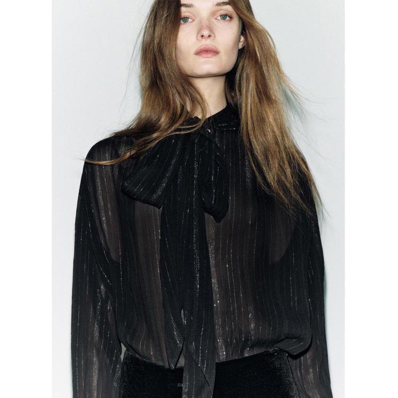 Fall and Winter New Women's Clothing Retro Loose Metallic Thread Long Sleeves Round Neck Bowknot Shirt 7521259