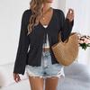 Women Beige Crochet Knit Bell Sleeve Tie Front Cardigan