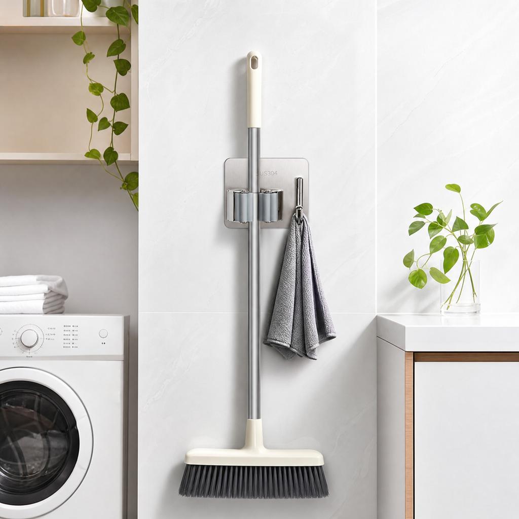 No-Drill Wall-Mounted Mop and Holder with Strong Self-Adhesive Hook for Bathroom Storage