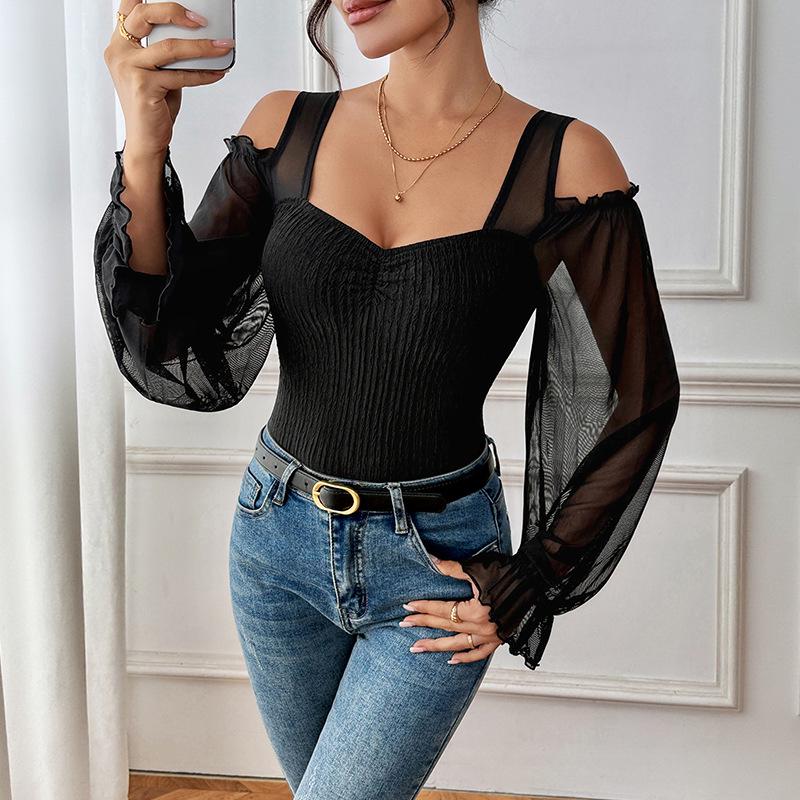 

Off-shoulder Sheer Long Sleeve Slim-fit Bodysuit with Square Neck for Women XL чёрный