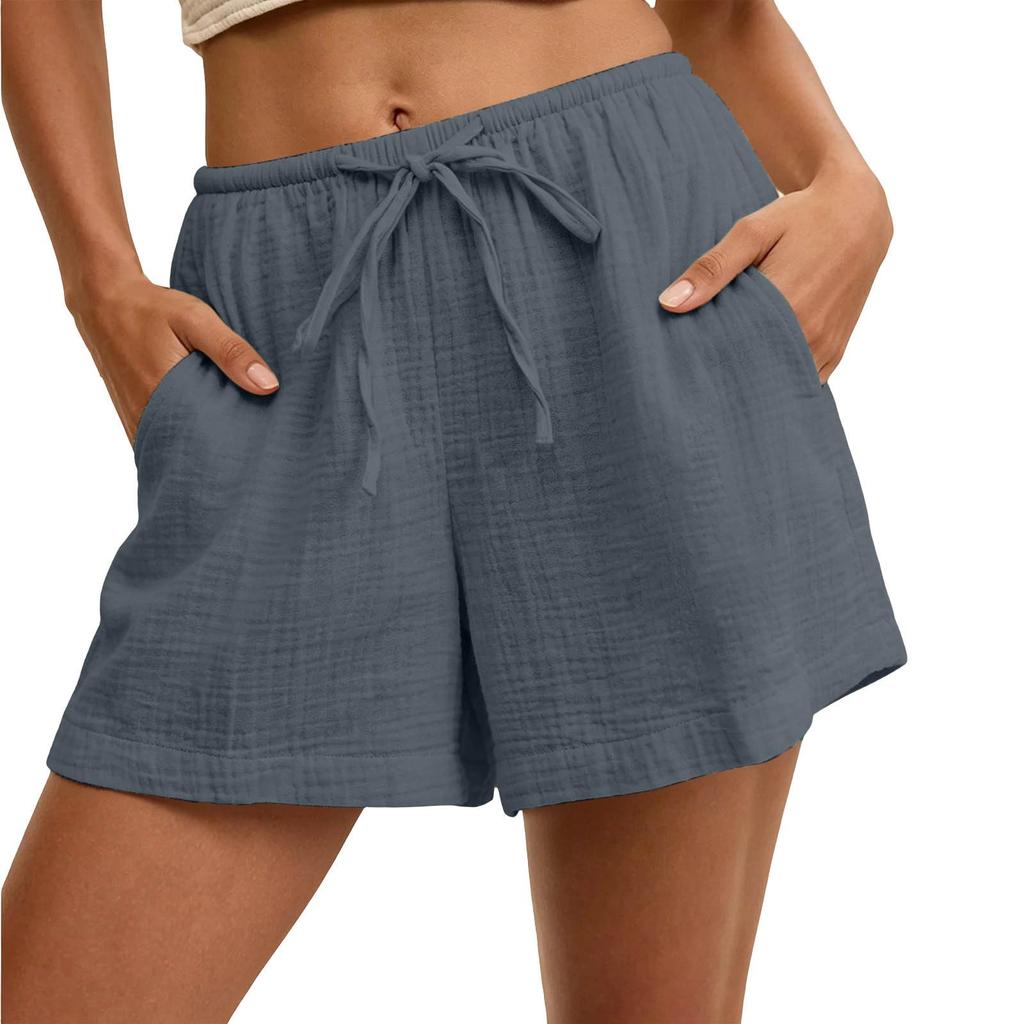 Women's Casual Drawstring Waist Shorts with Pockets Lightweight Cotton Linen Blend Relaxed Fit Summer Beachwear Bottoms