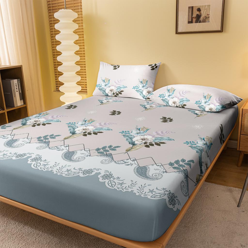 1 Simple Modern Plant Flower Printed Matte Fitted Sheet, Bedroom Printed Bed Cover, Bedding (Excluding Pillowcases)