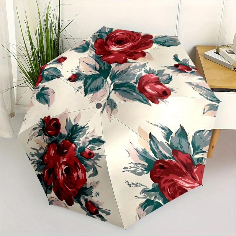 1pc Floral Roses Automatic Folding Umbrella, 8-Rib Sturdy Canopy, Portable Travel Umbrella for Outdoor Use