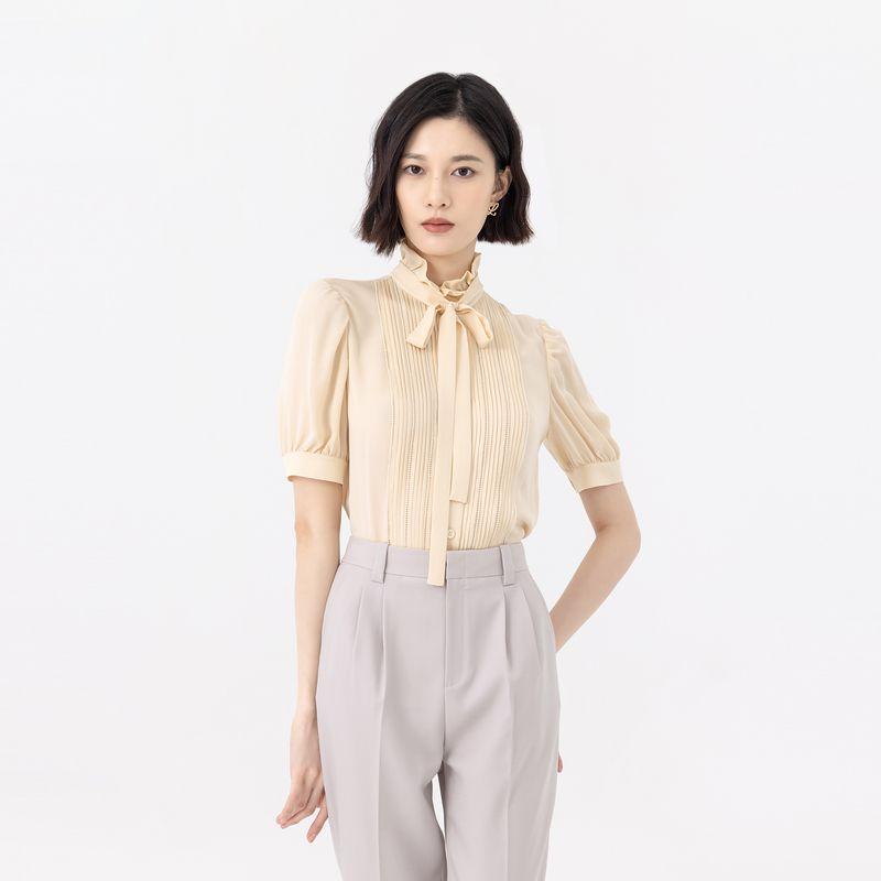 

Obeg Texture Elegant Ribbon Short Sleeve Silk Shirt Milky White 160/S/36
