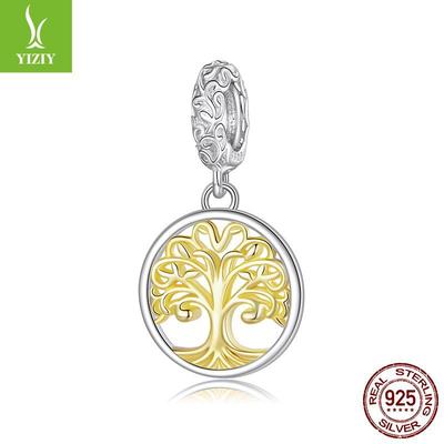 Colgante Árbol de la Vida de Plata de Ley S925 Chapado en Oro de 14K Accesorios Nicho Pulsera Retro de la Suerte con Cuentas