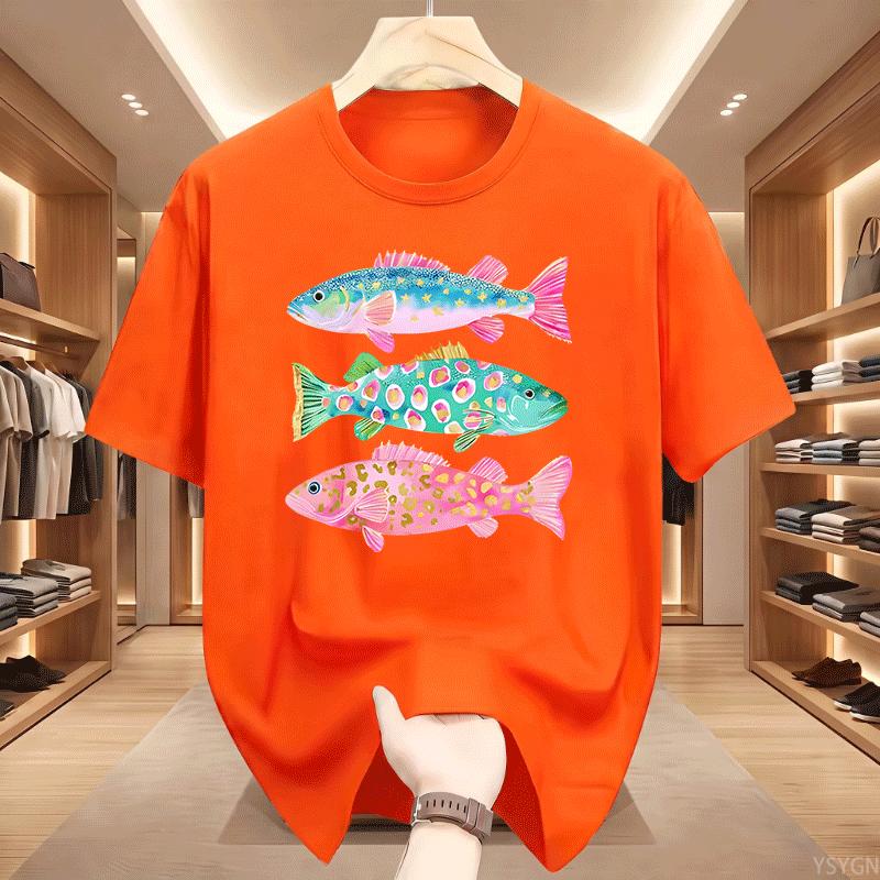 Preppy Fish Tshirt Unisex Summer Coastal Fish Beach Tshirts Causal Round Neck Printed Cotton Short Sleeve T Shirts Unisex Tops
