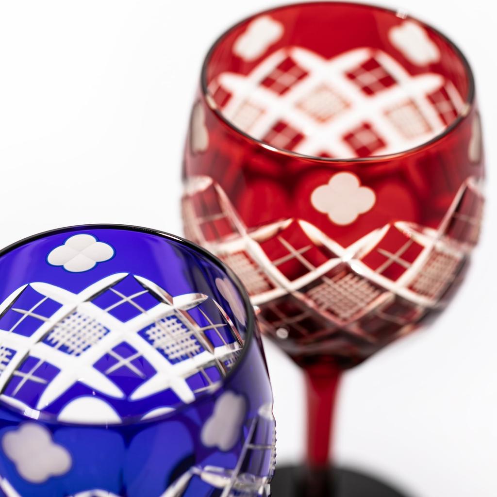 Official Direct Sales from Taiburo Edo Kiriko and Yarai Nanko Pattern Wine Pair Red and Amber Wooden Made in Japan Studio Four-Leaf Glasses, (Amber