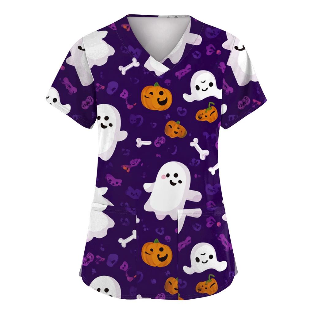 Dámská móda Krátký rukáv Halloweenský potisk Výstřih do V Kapsa Pracovní topy