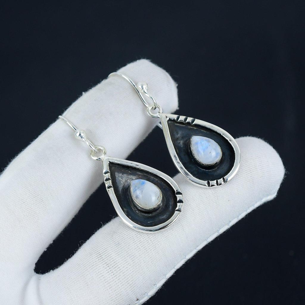 Natural Rainbow Moonstone Gemstone Earrings, 925 Sterling Silver Earring, Handmade Boho Silver Jewelry Dangle Earrings, Birthday Gift