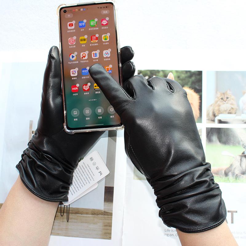 Genuine Leather Gloves Women's Sheepskin Gloves White Elastic Style Velvet Lining Outdoor Windproof Winter Warmth New