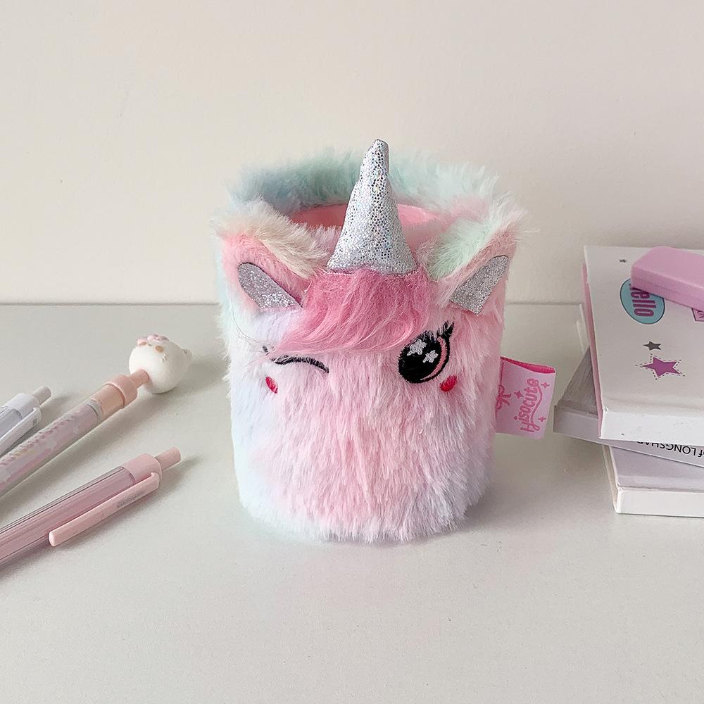 1 Piece Furry Cartoon Unicorn Pencil Holder for Kids Girl Cute Animal Kitten Puppy Sheep Desktop Organizer Makeup Brush Box
