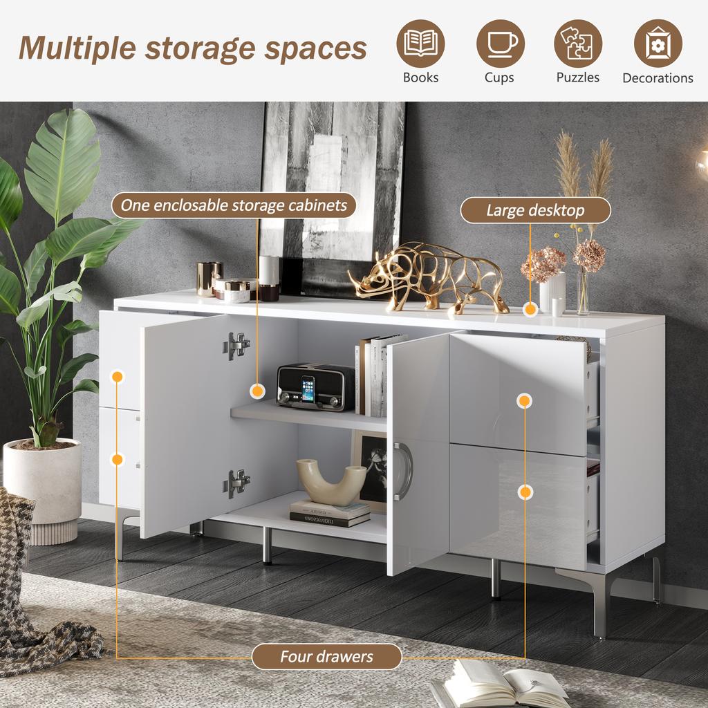 Mobiletto Laterale 150*38*59,5cm con 4 Cassetti, 2 Ante, Credenza Lucida, Piedini di Supporto in Metallo, Ampie Nicchie Senza Maniglie, Bianco, MDF