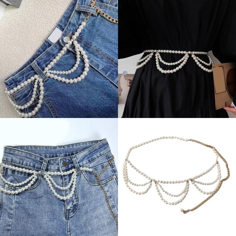 Blingbling Multilayer Pearls Waist Chain Adjustable Length For Women Elegant Retro Jewelry Accessory