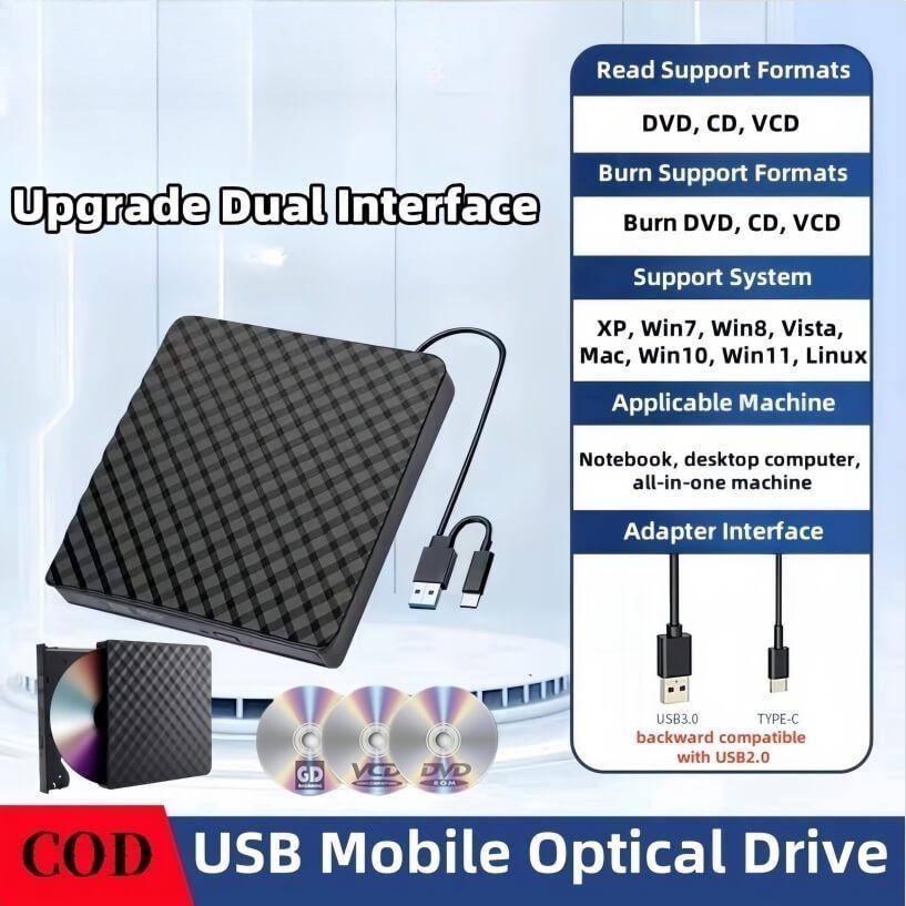 Portable External DVD/CD RW Drive Burner Writer (USB 3.0 and Type C + Type A) USB Mobile Optical Drive