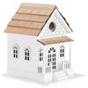 Outdoor Decorative Wooden Birdhouse – Handmade Miniature Villa Style, Blue Roof, Porch and Balcony – Garden or Backyard Wild Bird Decoration