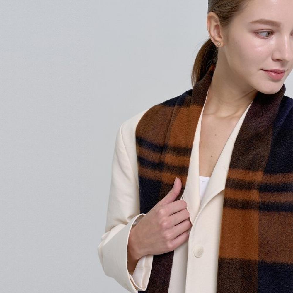 Dal Cashmere Premium Check Muffler Orange Dark Brown