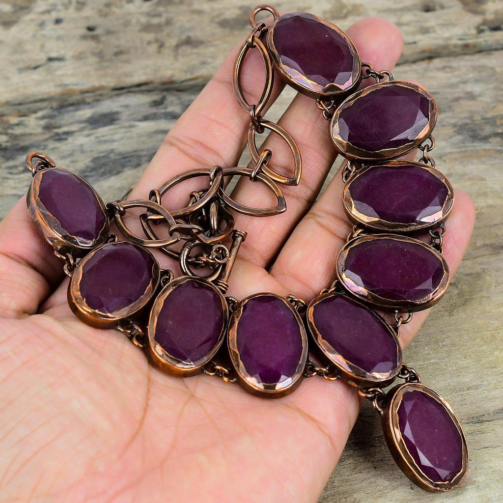 Faceted Kashmir Ruby Necklace Electroformed Copper Gemstone Necklace Adjustable Chain Necklace Handmade Electroformed Jewelry Wedding Gifts