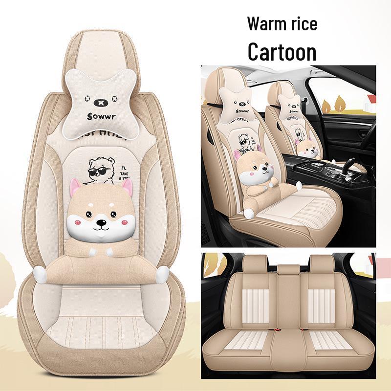 All-Season Linen Car Seat Cover - Breathable, Full Coverage with Cute Cartoon Design for Autumn/Winter
