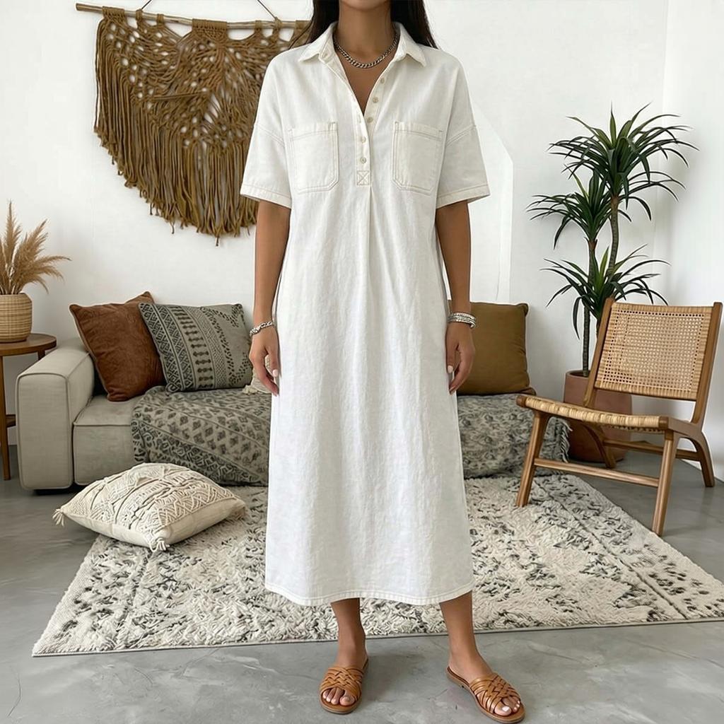 Loose Fit V Neck Denim Look Dress for Women Mid Length Short Sleeve Casual Shirt Dress with Front Pockets and Button Placket