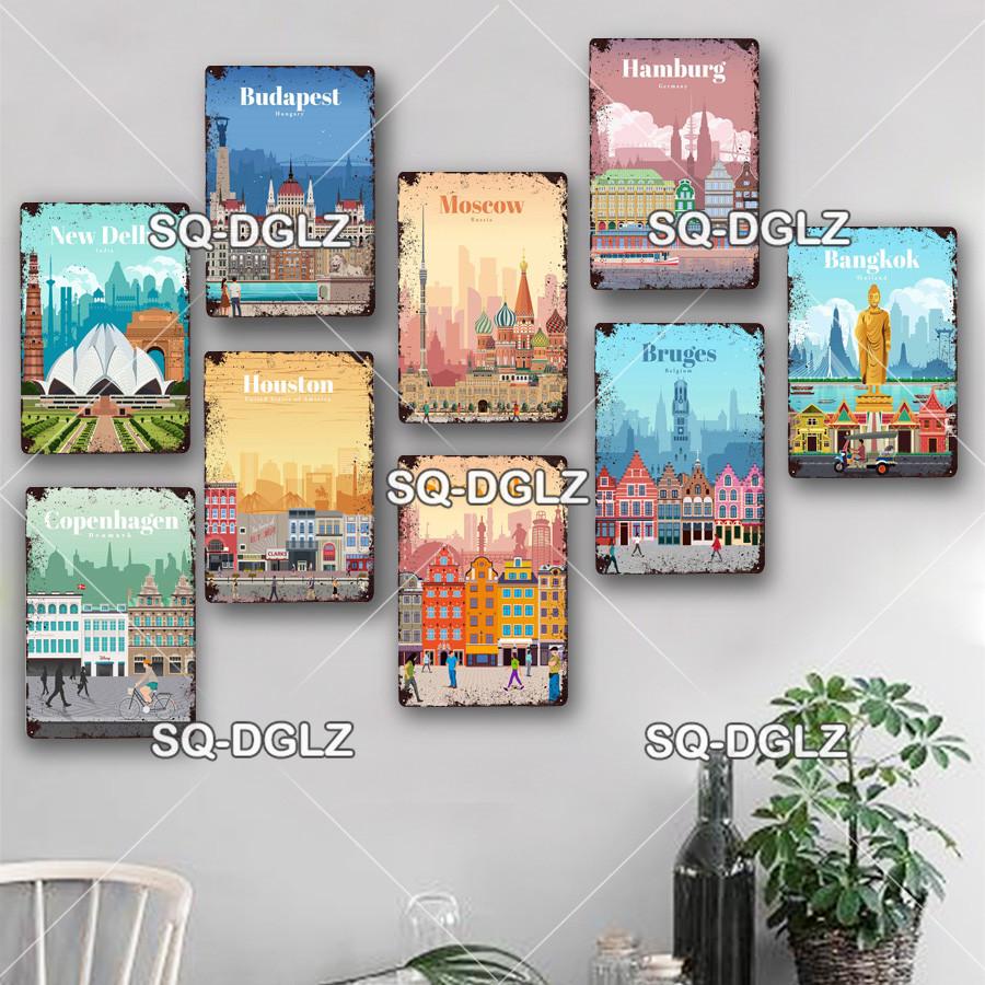 [SQ-DGLZ]Europa Stadt Metall Zeichen Vintage Plaque Platte Dekor Für Pub Bar Wand Dekor Zinn Zeichen Budapest/Moskau/Brügge Poster Geschenk
