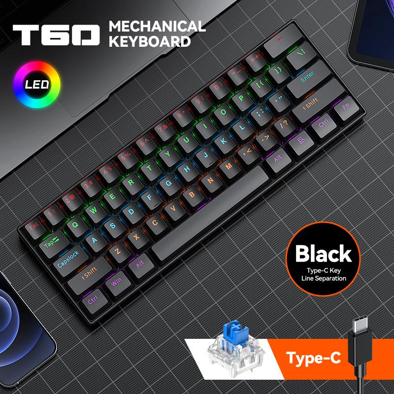 T60 Mechanical 61keys Gaming Wired Keyboard Customized Hot-Swap RGB Backlit Multimedia Function Keys for Laptop/PC