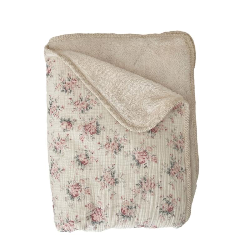 Couverture en Coton Imprimé Réversible Bord Crochet Fleur Couverture Polyvalente Double Épaisseur Chaude pour Bébés & Adultes