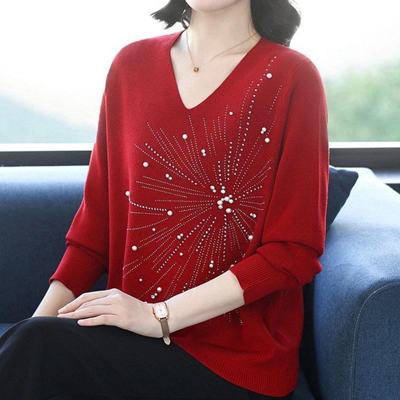 Autumn and Winter Women's V-Neck Sweater Solid Color Loose Beaded Sweater Plus Size Knitted Pullover Top