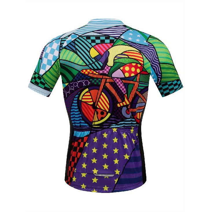 Farbenfroher Radsport-Musterdruck, Herren Kurzarm Radtrikot mit Reißverschluss, Atmungsaktives Schnelltrocknendes Slim-Fit Radsportshirt für Herren