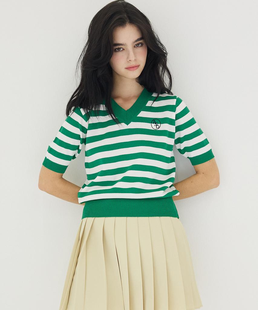 AWESOME STUDIO V-Neck Striped Knit Green