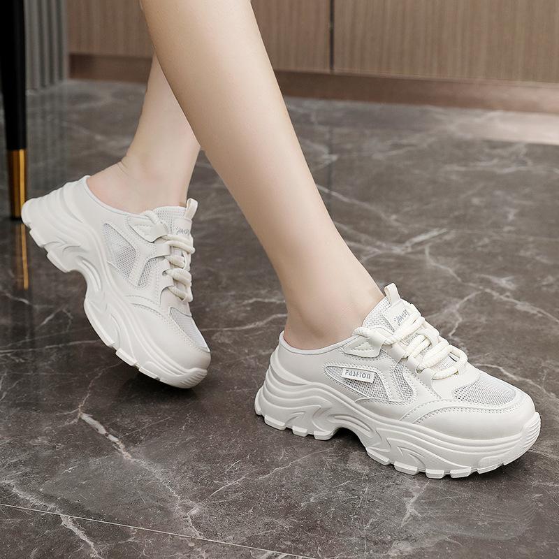Qrj12 New Semi Slipper Women's Shoes Thick Bottom  Summer Slippers Slim Fit Hight Increasing Board Shoes All-Match White Shoes All-Matching